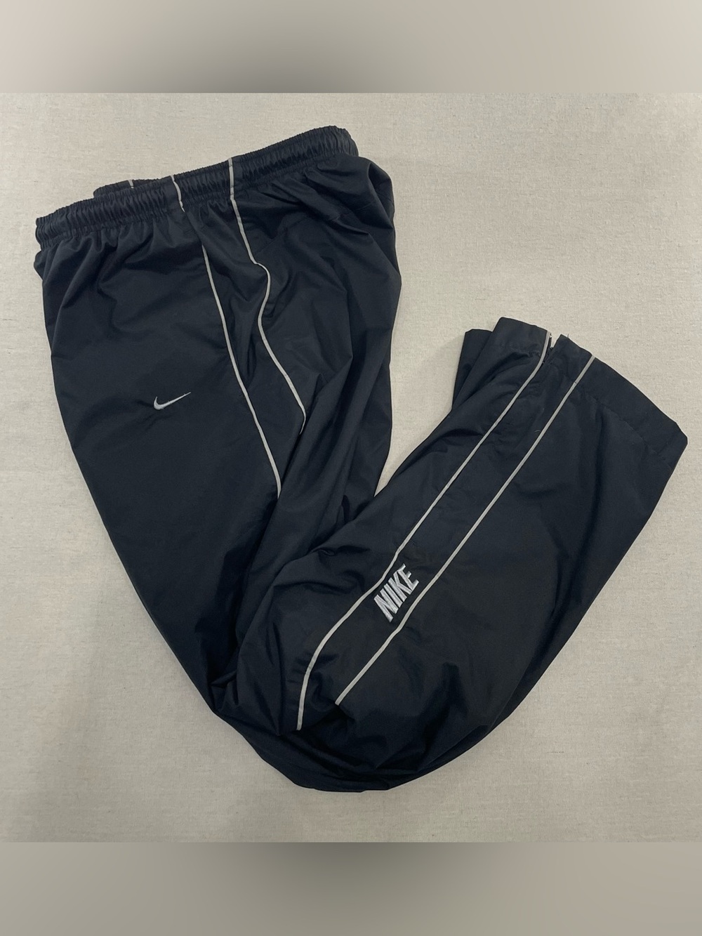 Vintage 90s Nike Track Pants Mens Black L Silver Tag Y2K Baggy Swoosh Lined